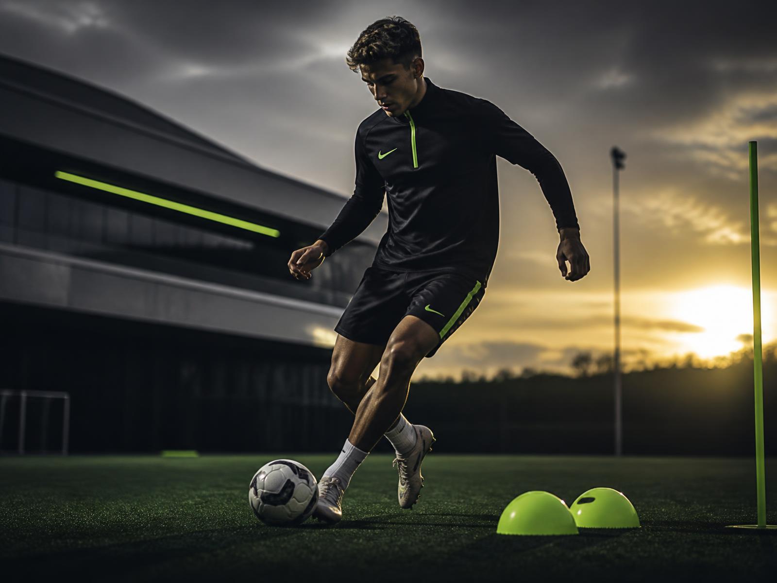 Spelare som tränar på konstgräs i kvällssol